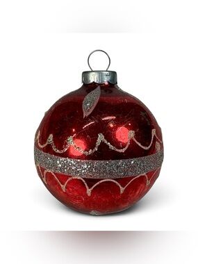 Vtg 2.25" Shiny Brite Red Glass Christmas Ornament Silver Glitter Stripe Mica